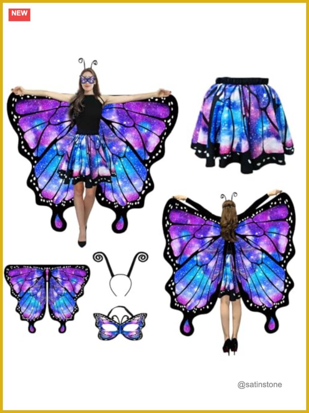 Butterfly Wings Cape Skirt Costume Set Women Halloween Fairy Dress Up 4 Piece